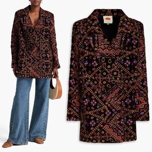 FARM RIO NWOT Embroidered Cotton-Corduroy Double-Breasted Blazer Black Sz Large